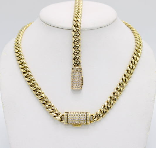 14K Set Choker Miami Cuban Link Cz Stones Yellow Gold