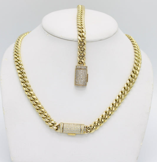 14K Set Choker Miami Cuban Link Cz Stones Yellow Gold