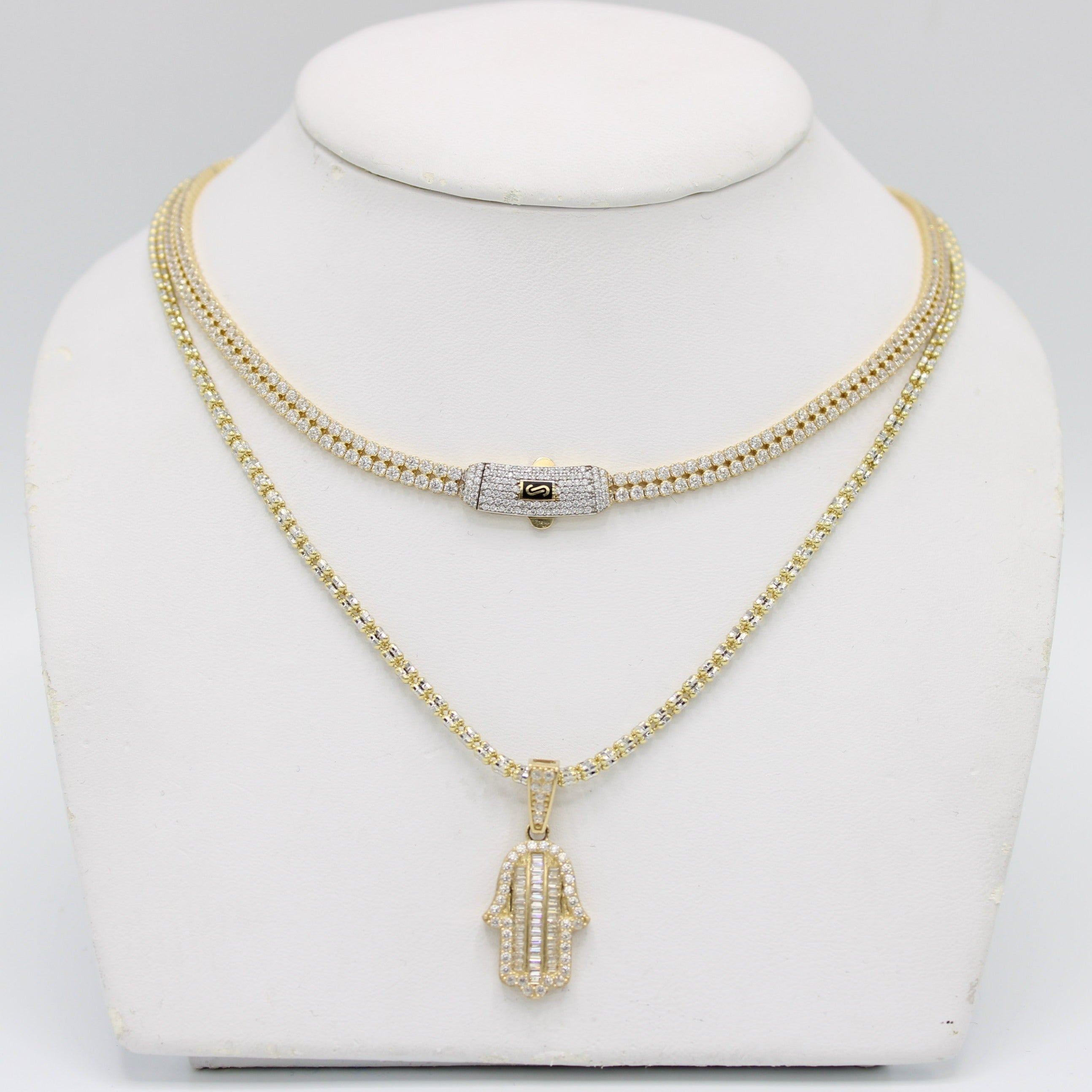 14K Set Choker Monaco Full Cz Stones With Ice ice Chain With Hamsa