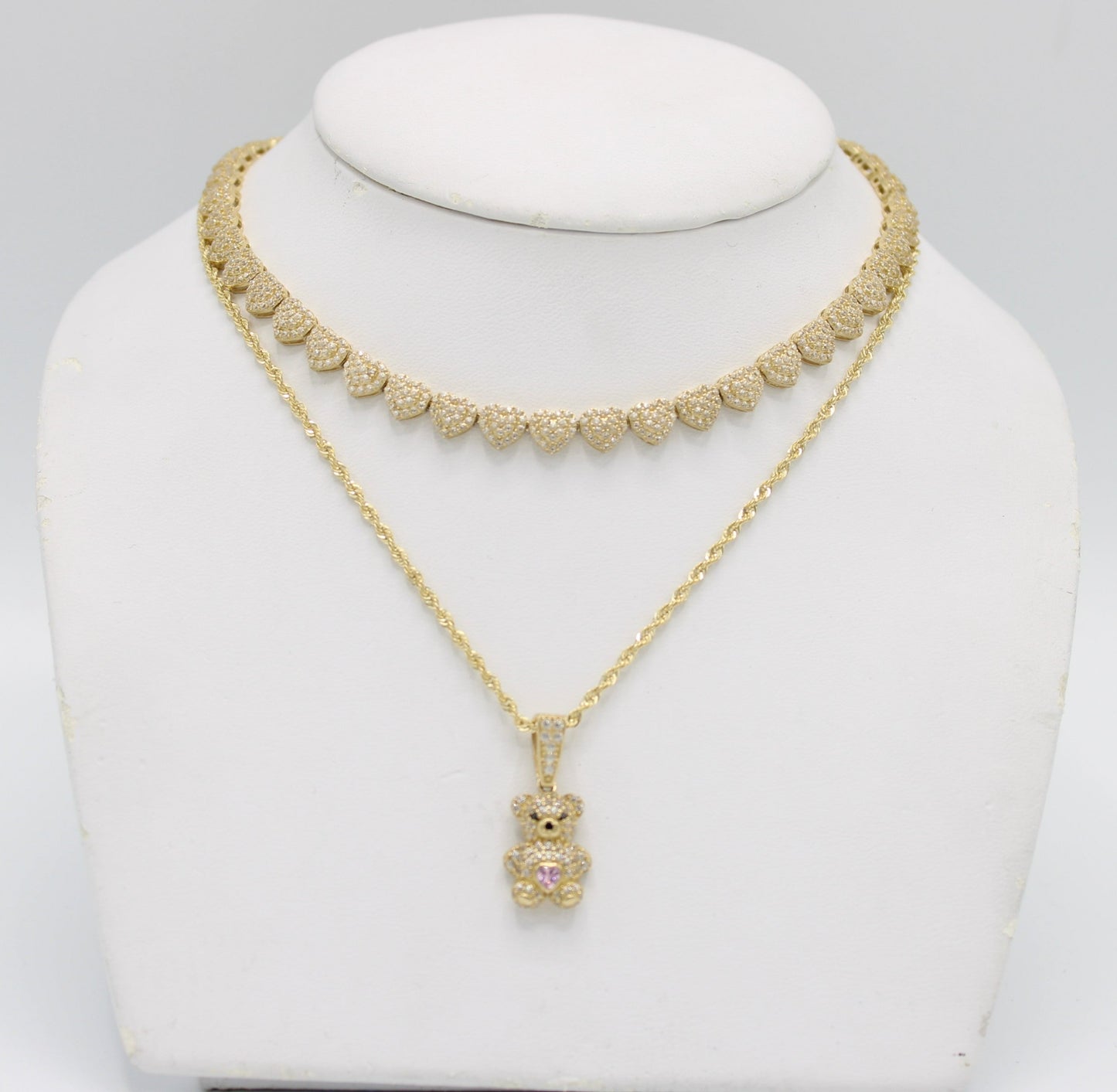 14K Set Heart Choker Full Cz Stones With Rope Chain With Teddy Bear Cz Stones Yellow Gold