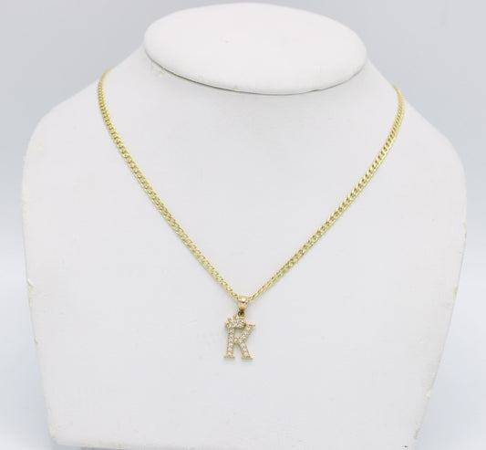 14K Crown  Initial Name (K) Pendant Cz Stones With Cuban Chain Yellow Gold