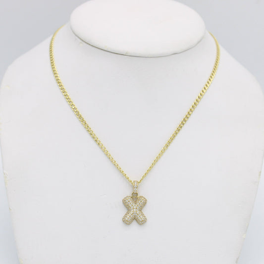 14K Initial Name (X) Pendant Cz Stones With Cuban Chain Yellow Gold