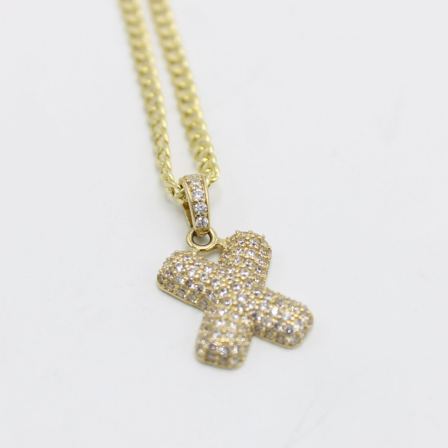 14K Initial Name (X) Pendant Cz Stones With Cuban Chain Yellow Gold