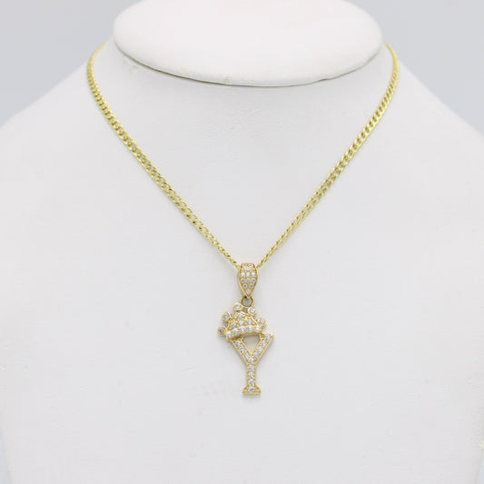 14K Crown Initial Name (Y) Pendant Cz Stones With Cuban Chain Yellow Gold