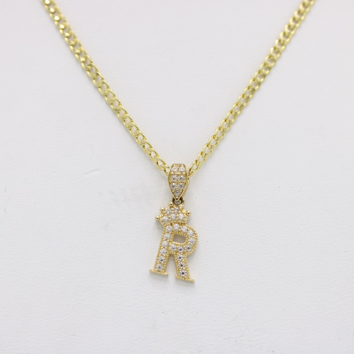 14K Mini-Crown Initial Name (R) Pendant Cz Stones With Cuban Chain Yellow Gold