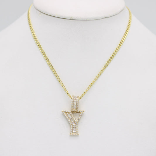 14K Initial Name (Y) Pendant Baguette/Cz Stones With Cuban Chain Yellow Gold