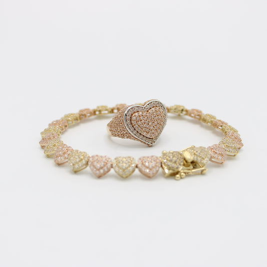 14K Heart Set Bracelet and Ring Two Tones Yellow Gold