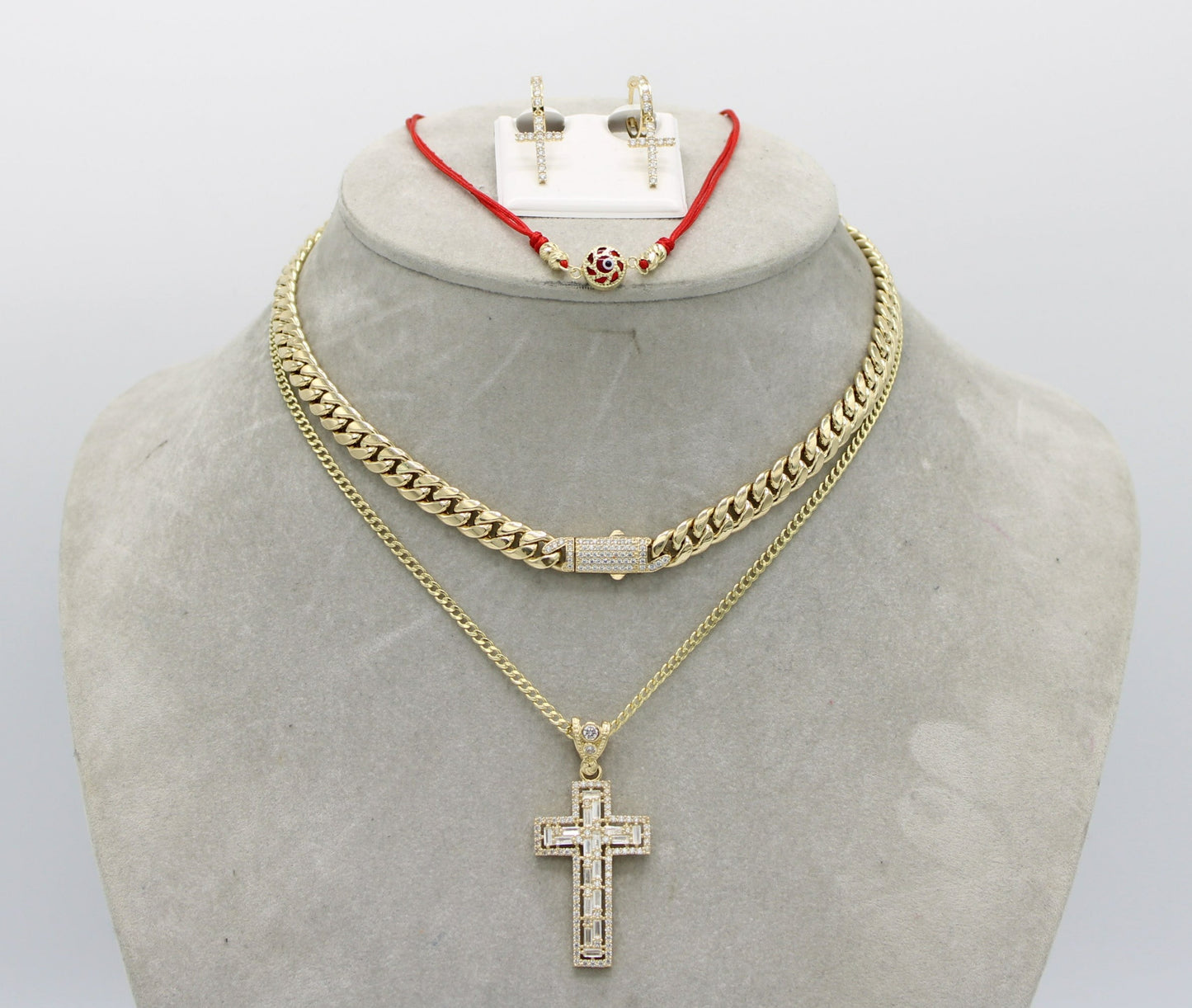 Combo 14K ITTALO Choker - Cuban Chain with Cross Pendant Cz Stones - Cross Earrings - Free Red String Bangle