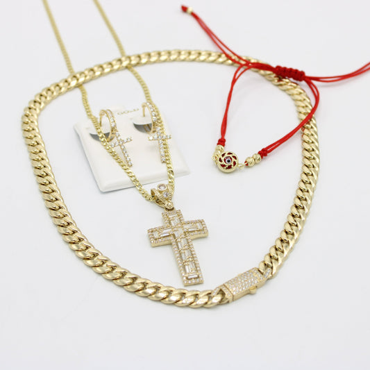 Combo 14K ITTALO Choker - Cuban Chain with Cross Pendant Cz Stones - Cross Earrings - Free Red String Bangle