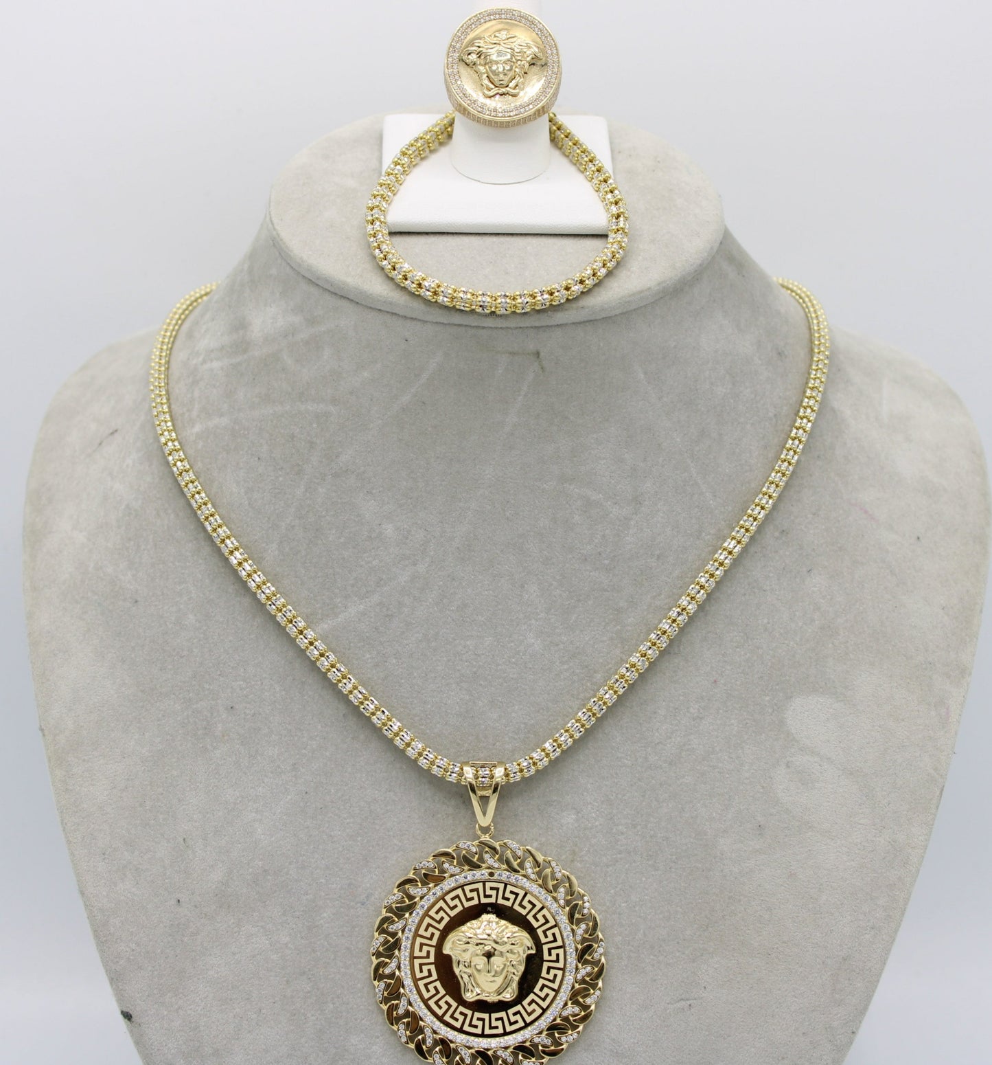 Combo 14K Round Medusa Pendant And Ring With Ice Chain With Bracelet Yelllow Gold