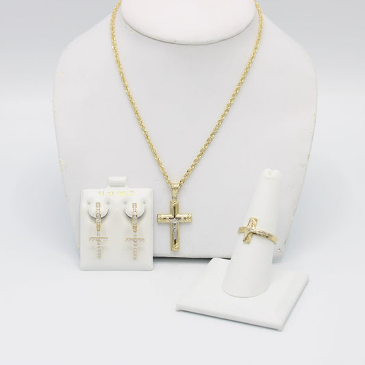 Combo 14K Cross Pendant And Cross Ring With Rope Chain And Cross Earring Cz Stones Yellow Gold