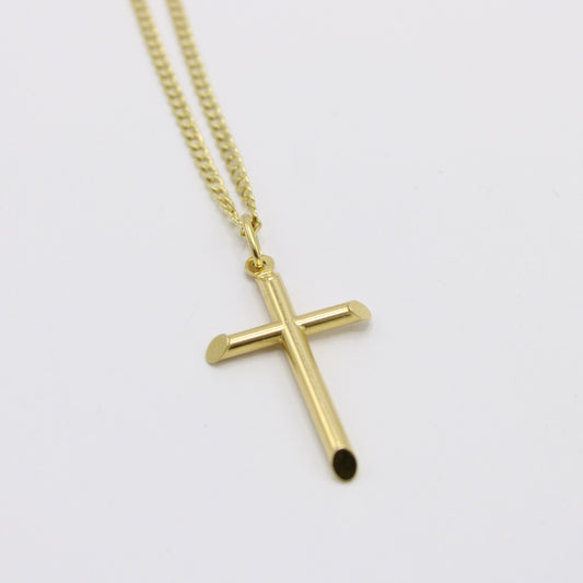 14k Cross Pendant With Semi-Solid Cuban Chain Yellow Gold