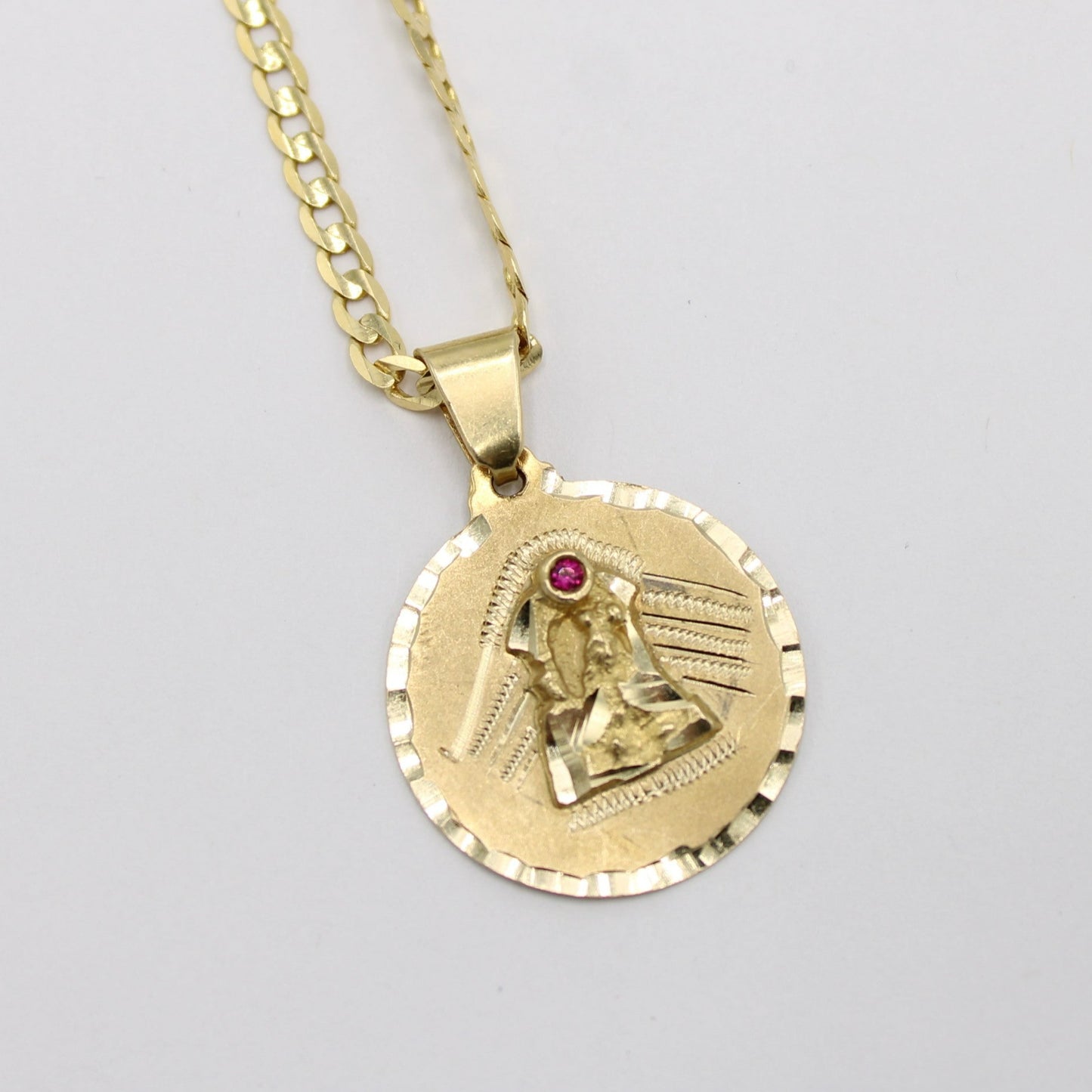 14K Virgen Maria Pendant (Red Stone) With Solid Cuban Chain Yellow Gold