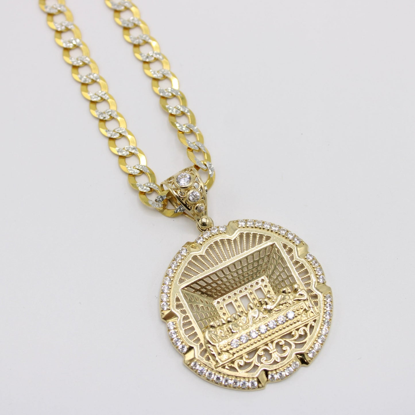 14K Last Supper Pendant Cz Stones With Solid Cuban Chain Two Tones Yellow Gold