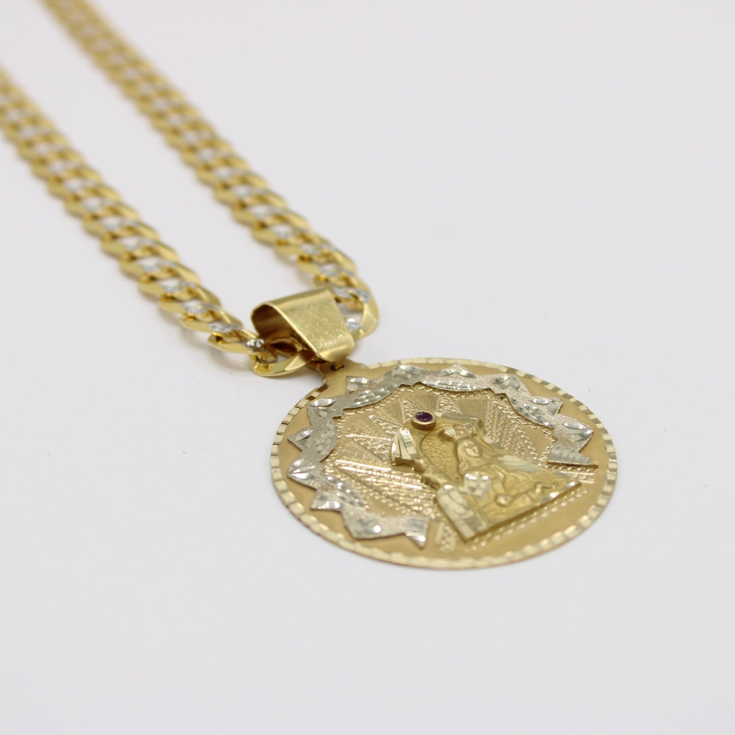 14K Virgen Maria Pendant (Red Stone) With Solid Cuban Chain Two Tones Yellow Gold