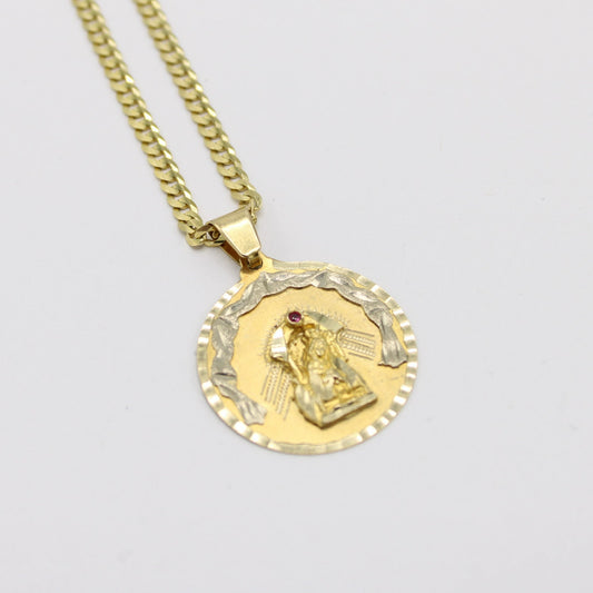 14K Virgen Maria Pendant (Red Stone) With Solid Cuban Chain Yellow Gold