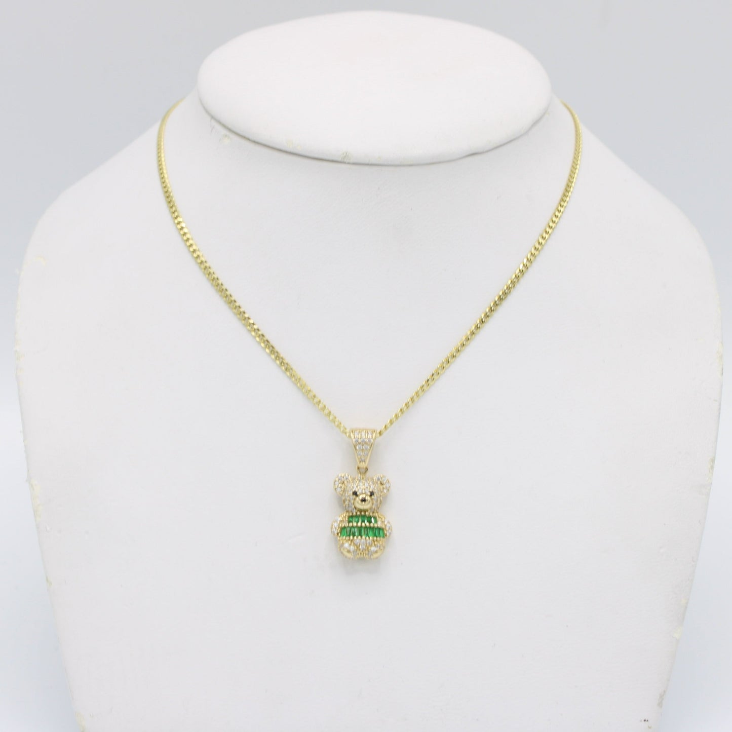 New 14K Teddy Bear Pendant Cz Stones with Solid Flat Cuban Chain Yellow Gold