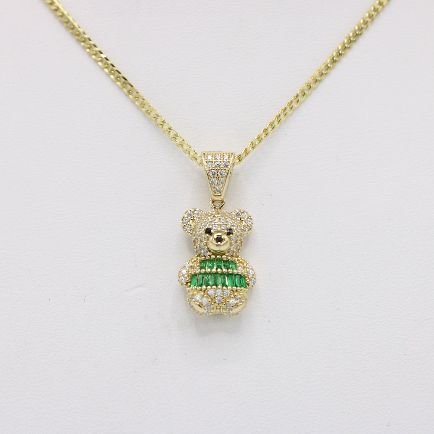 New 14K Teddy Bear Pendant Cz Stones with Solid Flat Cuban Chain Yellow Gold