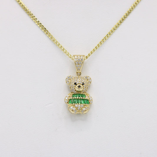 New 14K Teddy Bear Pendant Cz Stones with Solid Flat Cuban Chain Yellow Gold