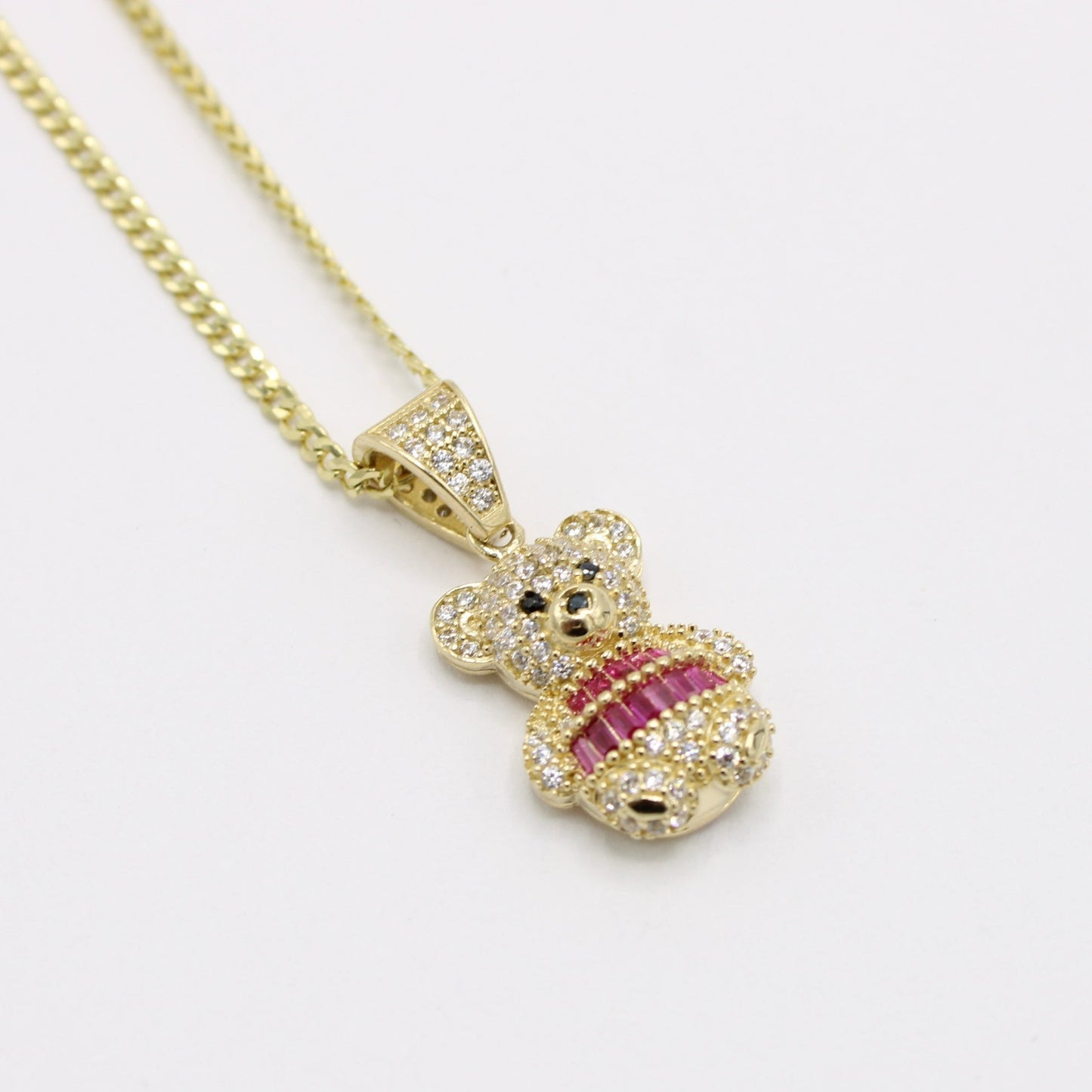 New 14K Teddy Bear Pendant Cz Stones with Solid Flat Cuban Chain Yellow Gold