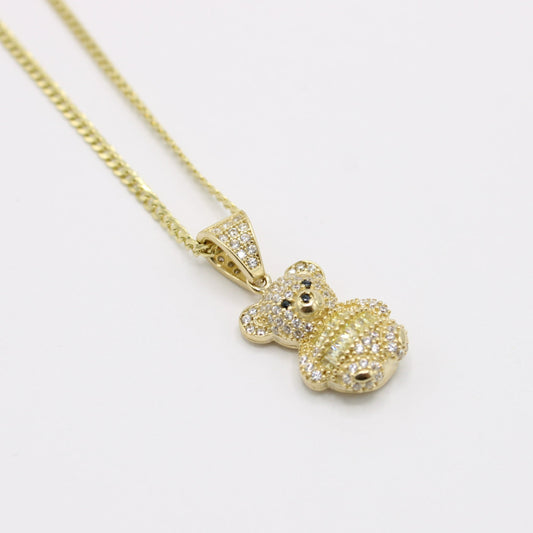 New 14K Teddy Bear Pendant Cz Stones with Solid Flat Cuban Chain Yellow Gold