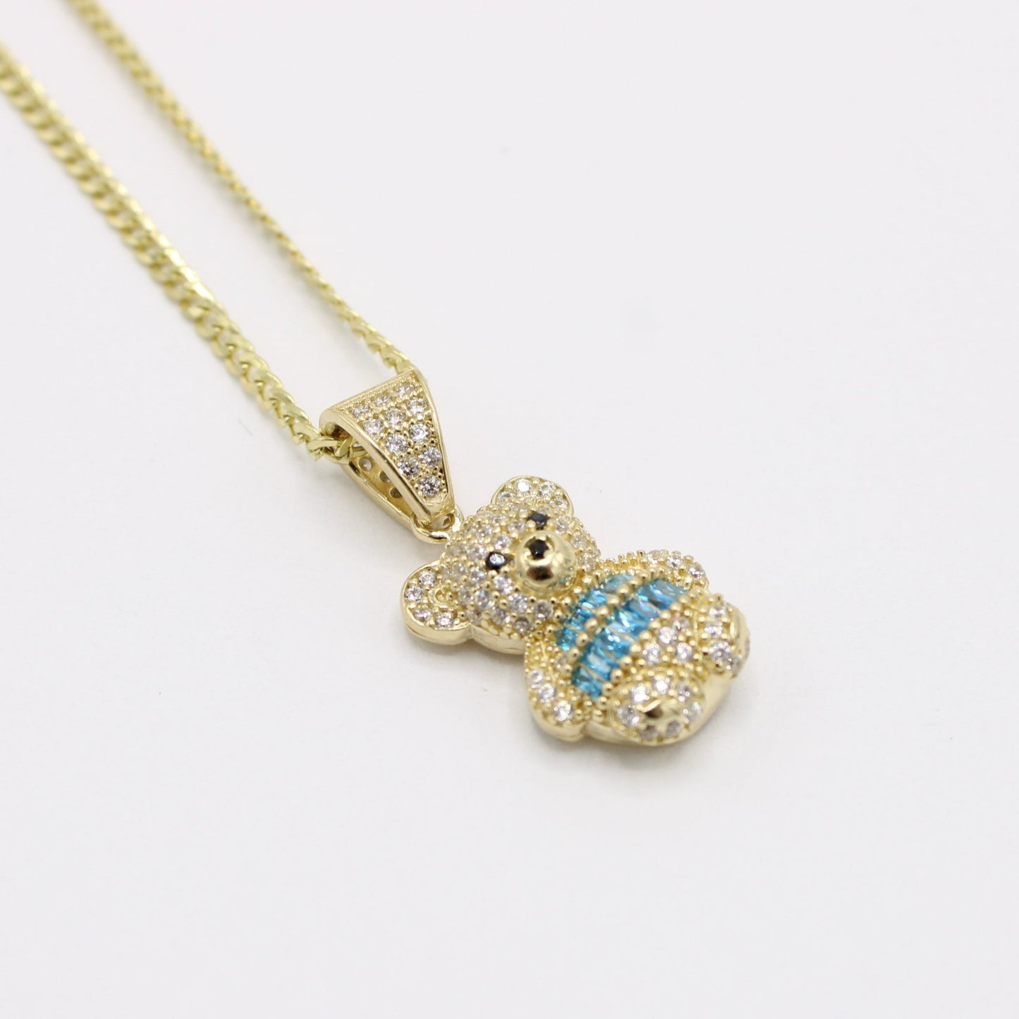 New 14K Teddy Bear Pendant Cz Stones with Solid Flat Cuban Chain Yellow Gold