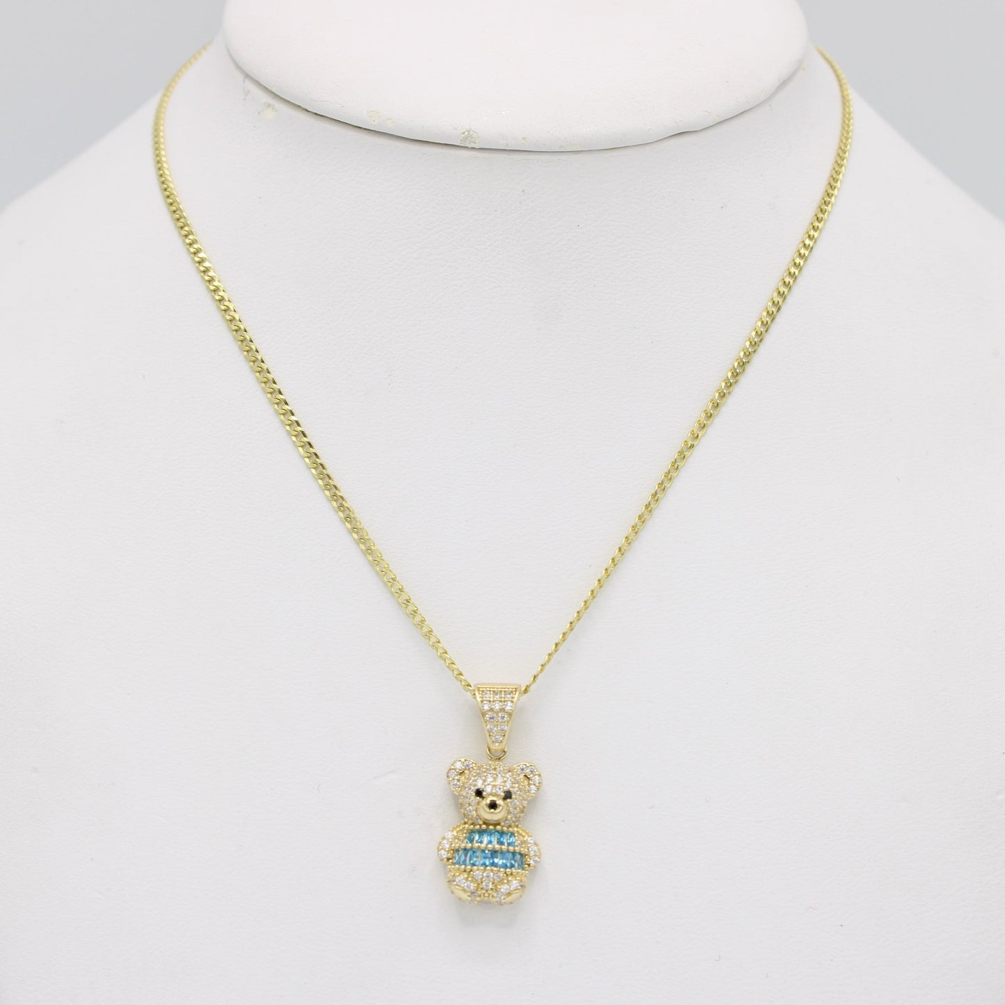 New 14K Teddy Bear Pendant Cz Stones with Solid Flat Cuban Chain Yellow Gold