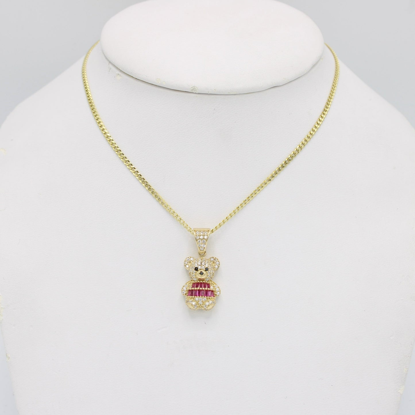 New 14K Teddy Bear Pendant Cz Stones with Solid Flat Cuban Chain Yellow Gold