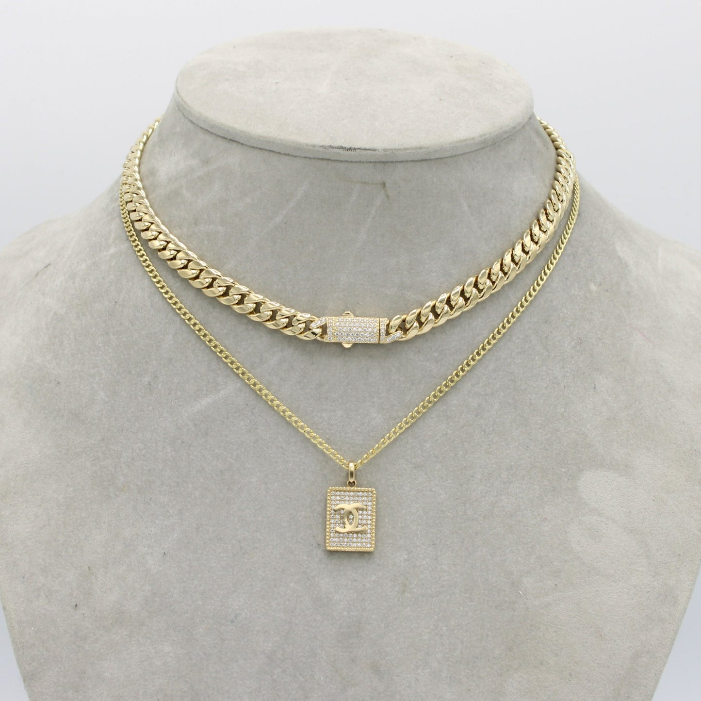 14K Set ITTALLO Choker and Fancy Pendant Cz Stones With Cuban Chain Yellow Gold