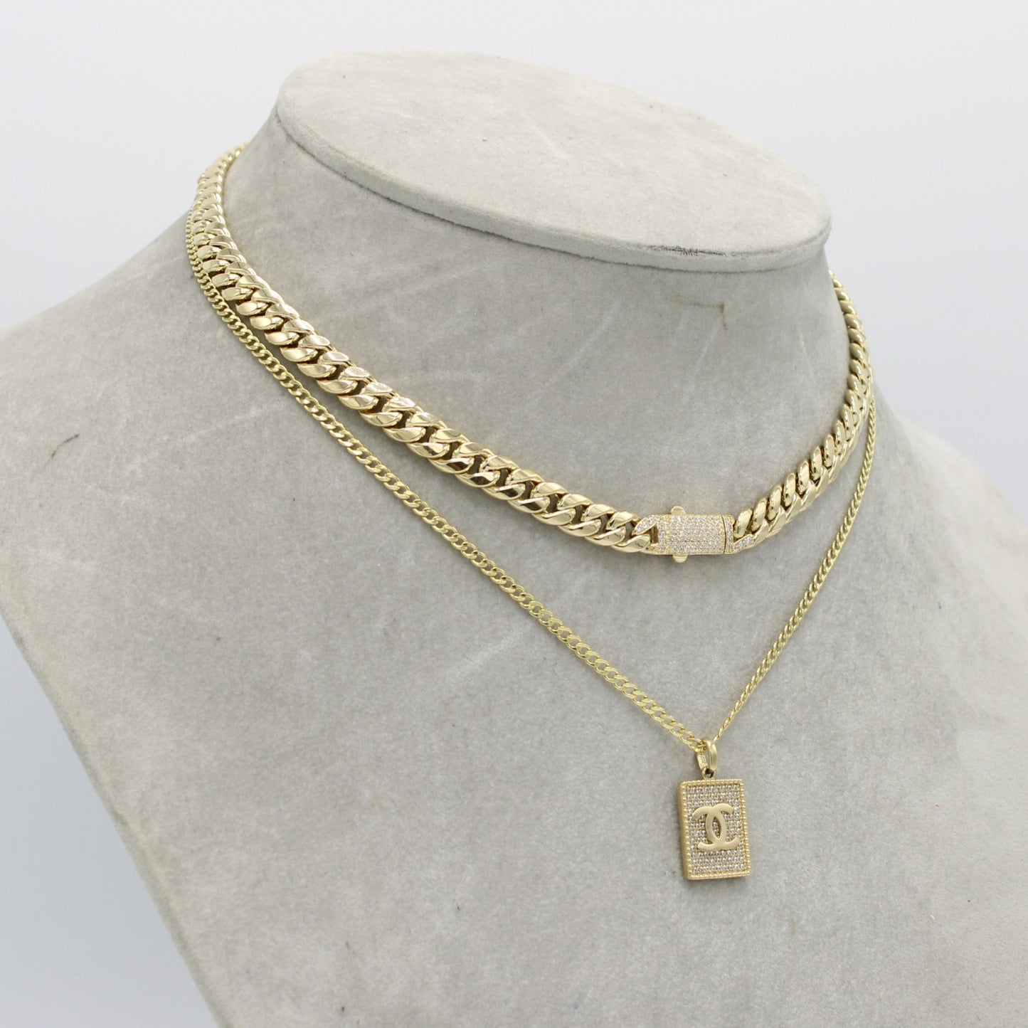 14K Set ITTALLO Choker and Fancy Pendant Cz Stones With Cuban Chain Yellow Gold