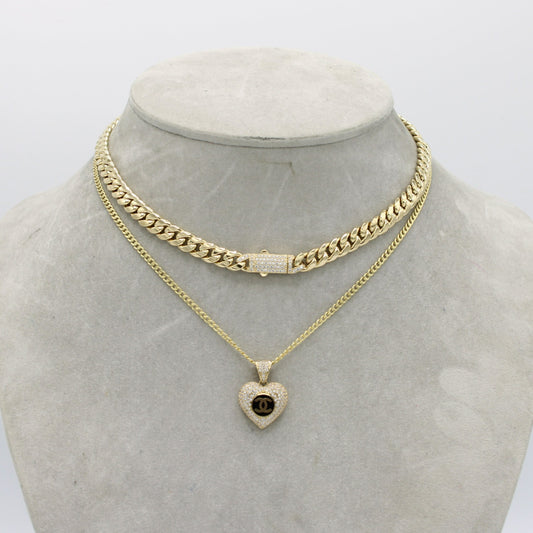 14K Set ITTALLO Choker and Heart Pendant Cz Stones With Cuban Chain Yellow Gold