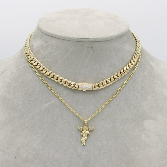 14K Set ITTALLO Choker and Angel Pendant Cz Stones With Cuban Chain Yellow Gold