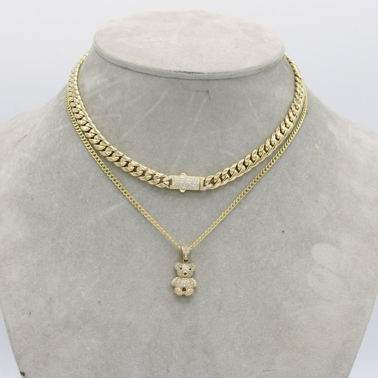 14K Set ITTALLO Choker and Teddy Pendant Cz Stones With Cuban Chain Yellow Gold