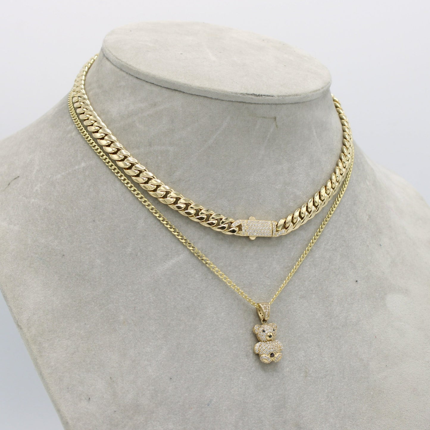 14K Set ITTALLO Choker and Teddy Pendant Cz Stones With Cuban Chain Yellow Gold