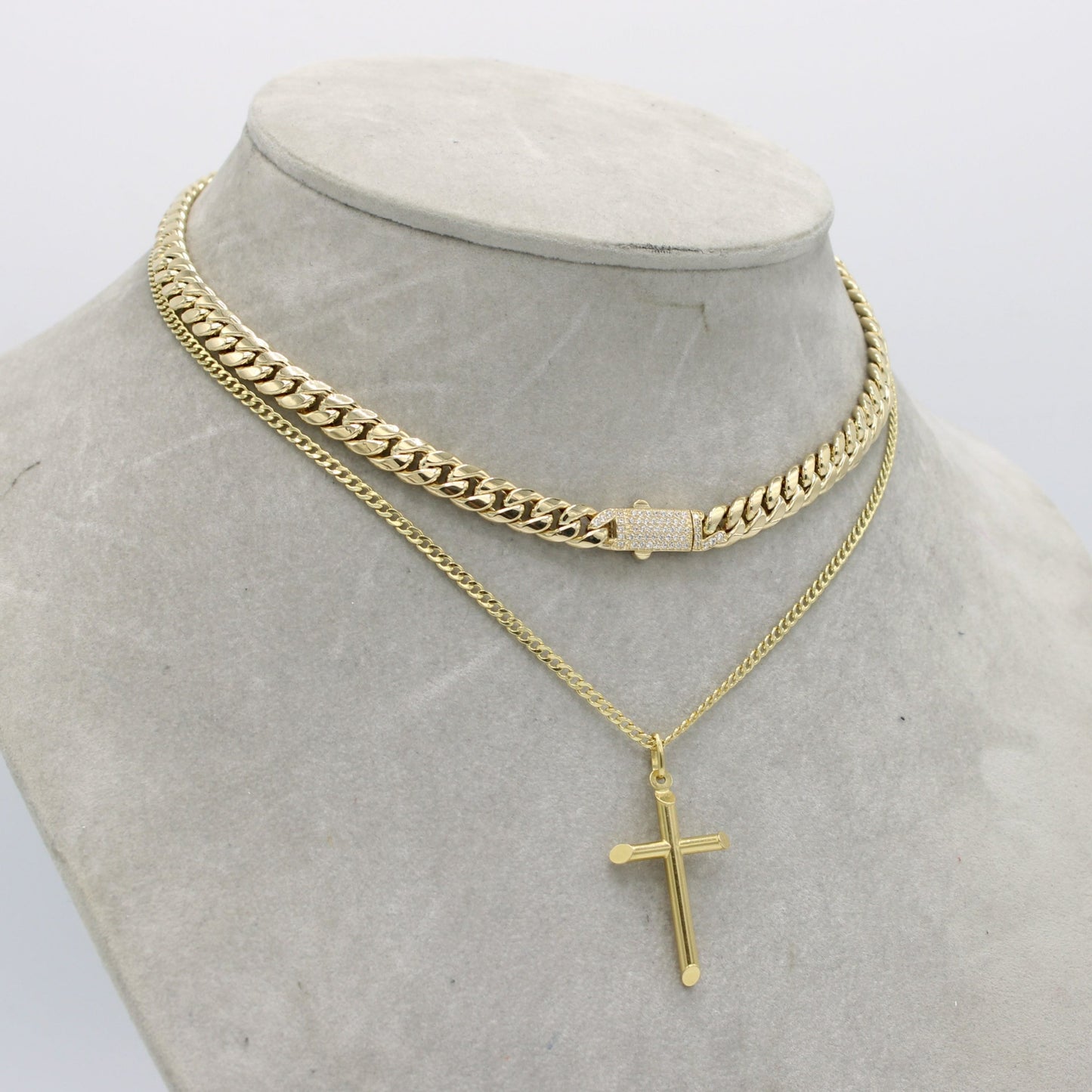 14K Set ITTALLO Choker and Cross Pendant With Cuban Chain Yellow Gold