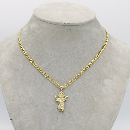 14K Divino Niño Pendant With Semi-Solid Flat Cuban Chain Yellow Gold