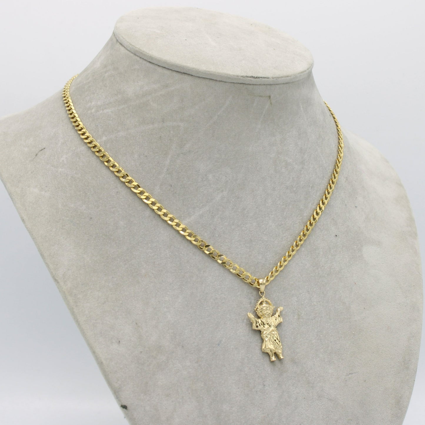 14K Divino Niño Pendant With Semi-Solid Flat Cuban Chain Yellow Gold