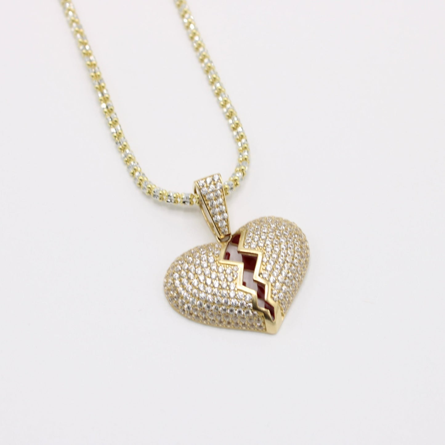 14K Heart Pendant Cz Stones With Ice Chain Yellow Gold