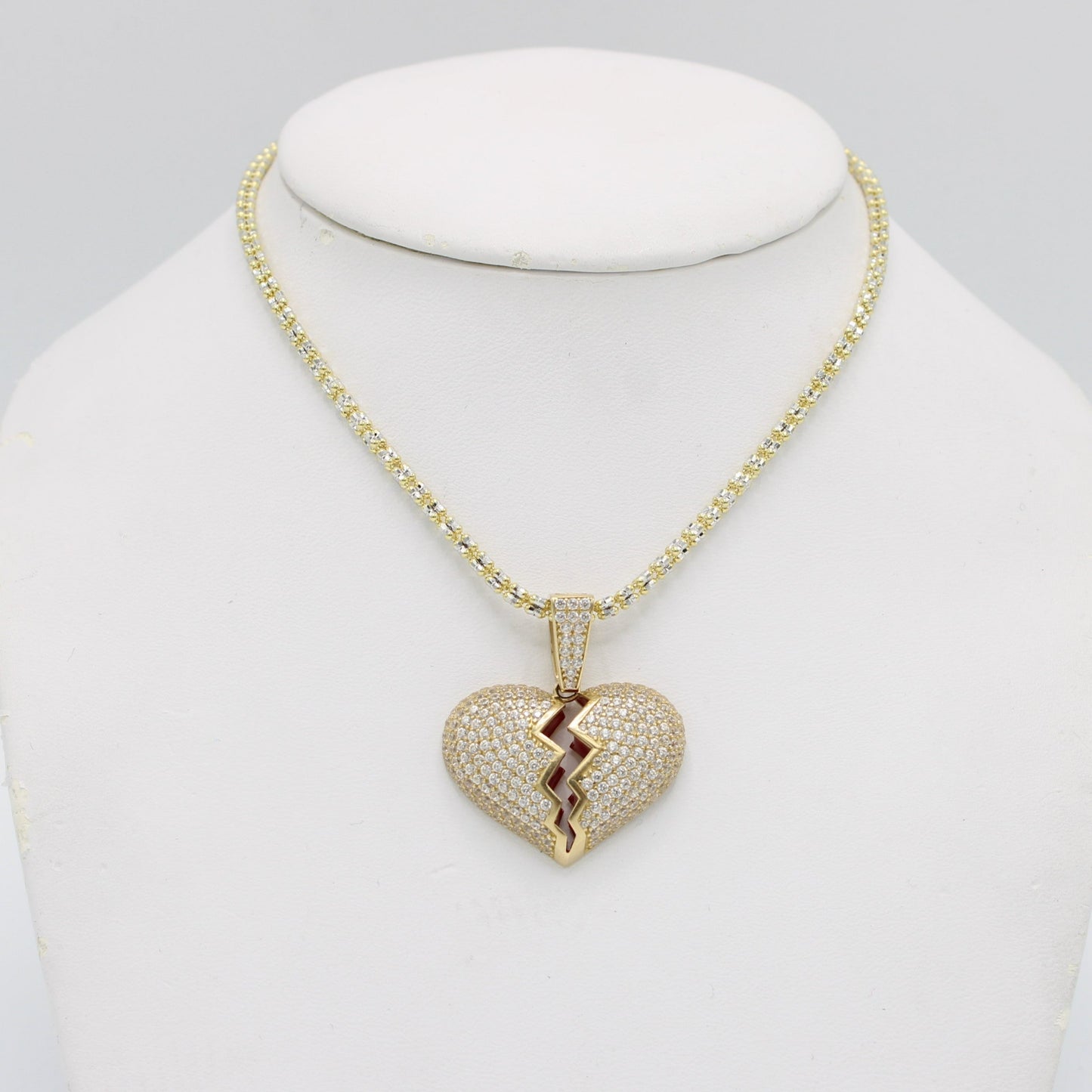 14K Heart Pendant Cz Stones With Ice Chain Yellow Gold