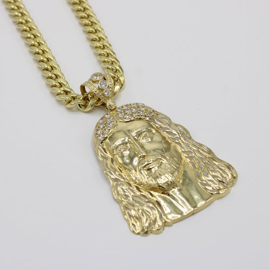 14K Jesus Face Pendant  with Miami Cuban Link Chain Yellow Gold