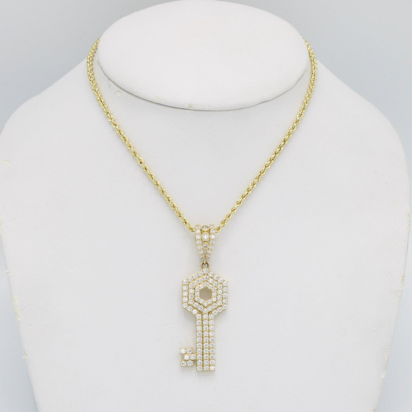 14K Set Key Pendan Cz Stones With Rope Chain And Hoops Yellow Gold