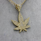 14K Weed Pendant Cz Stones With Semi-Solid Flat Cuban Chain Two Tones Yellow Gold