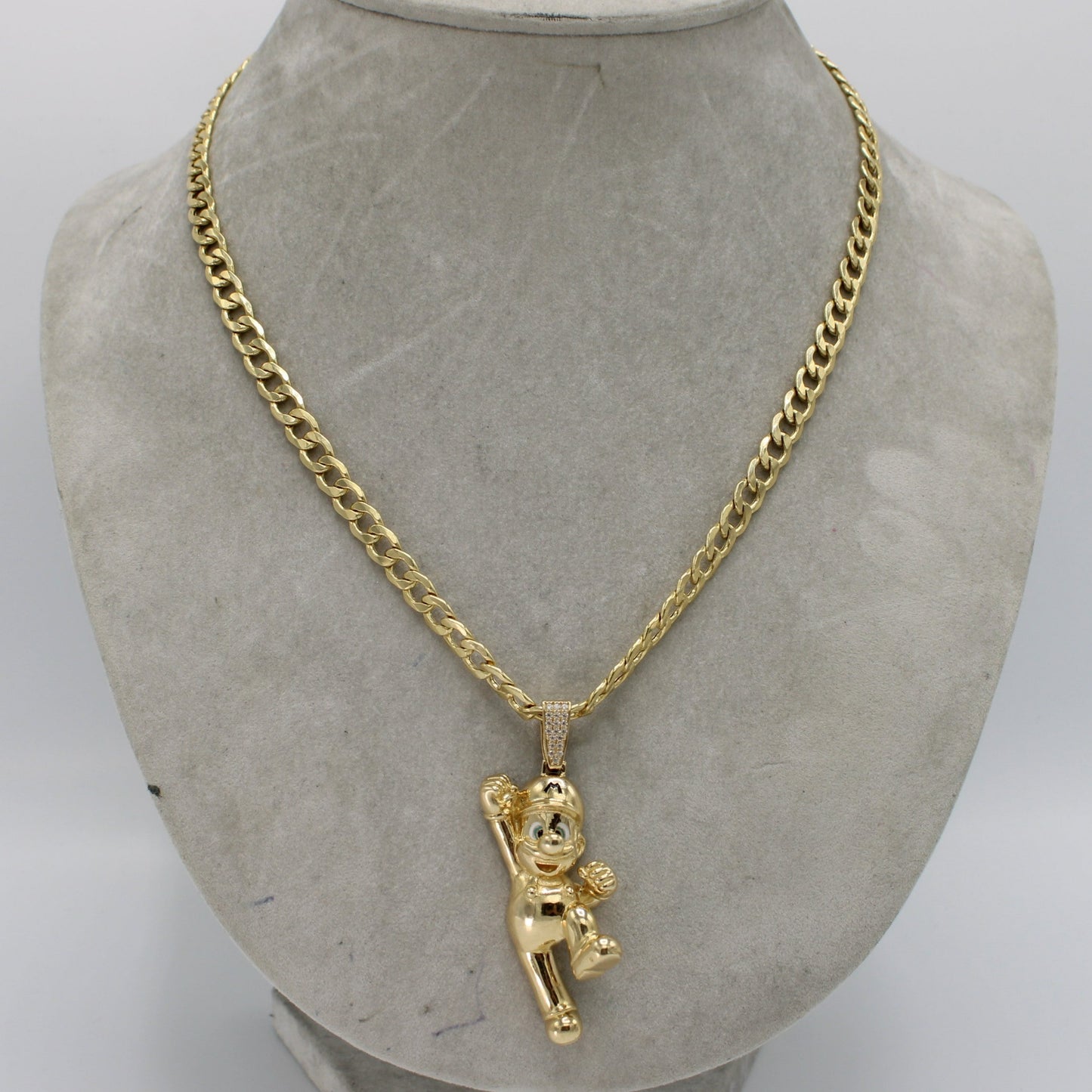 14K Super Mario Bros With Semi-Solid Flat Cuban Chain Two Tones Yellow Gold