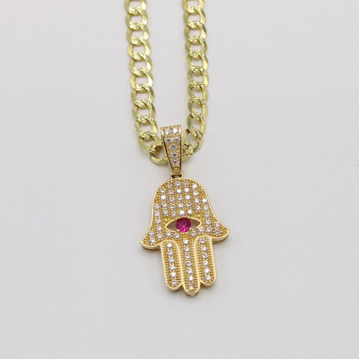 14K Hamsa Pendant Cz Stones  With Solid Flat Cuban Chain Two Tones Yellow Gold