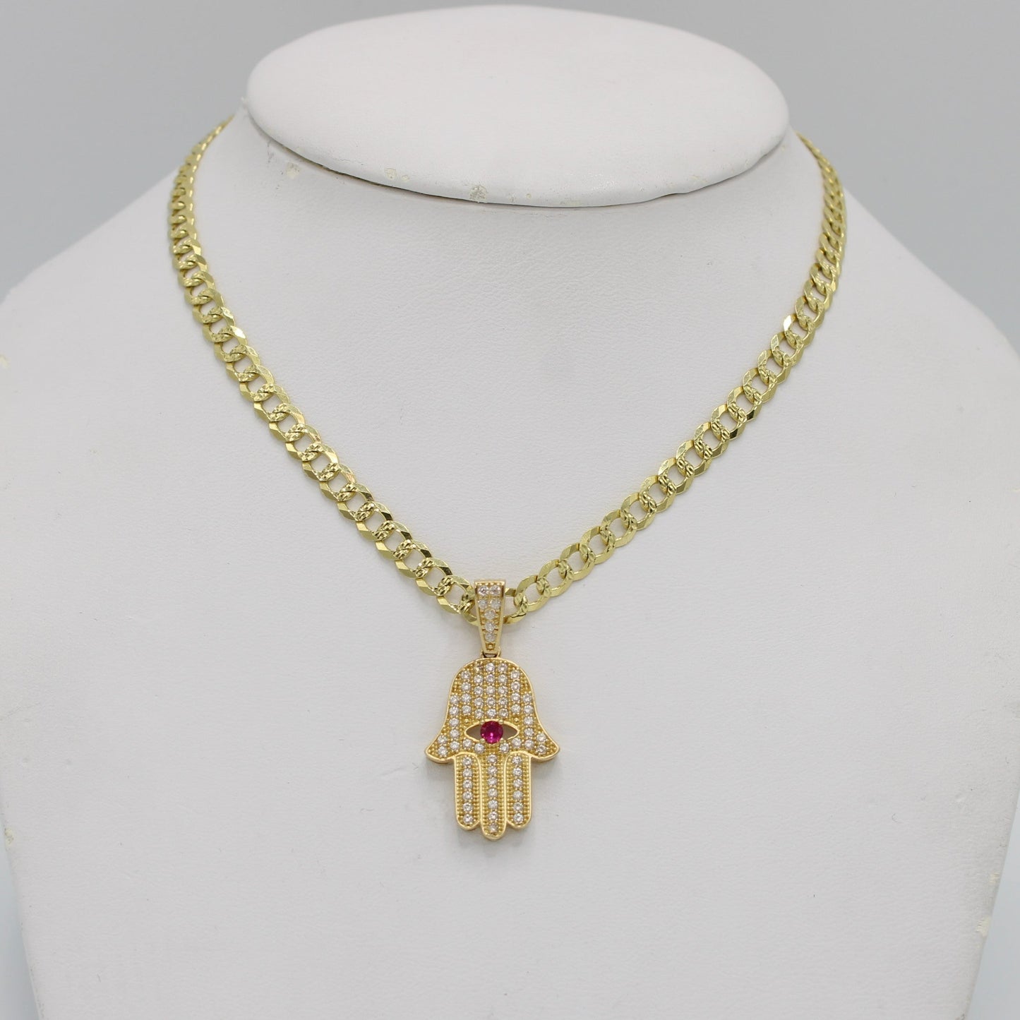 14K Hamsa Pendant Cz Stones  With Solid Flat Cuban Chain Two Tones Yellow Gold