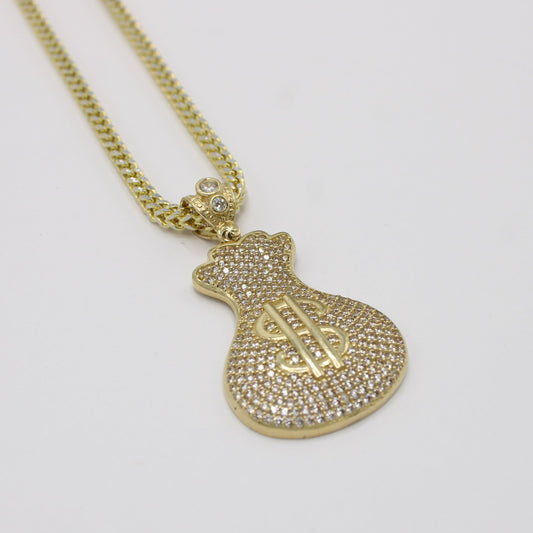14K Money Bag Cz Stones With Franco Chain Yellow Gold