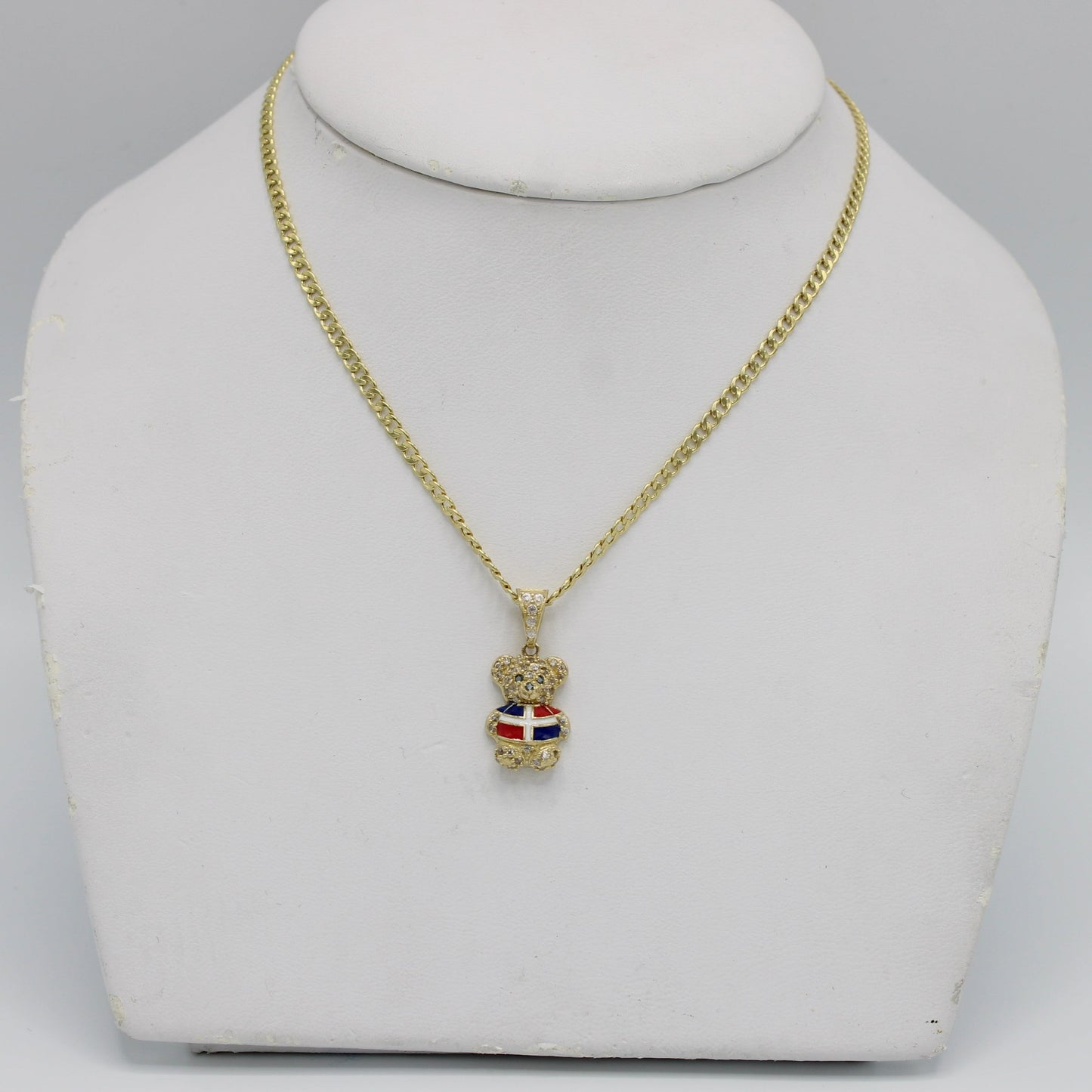 14k Teddy Bear Dominican Flag Pendant Cz Stones With Flat Cuban Chain Yellow Gold