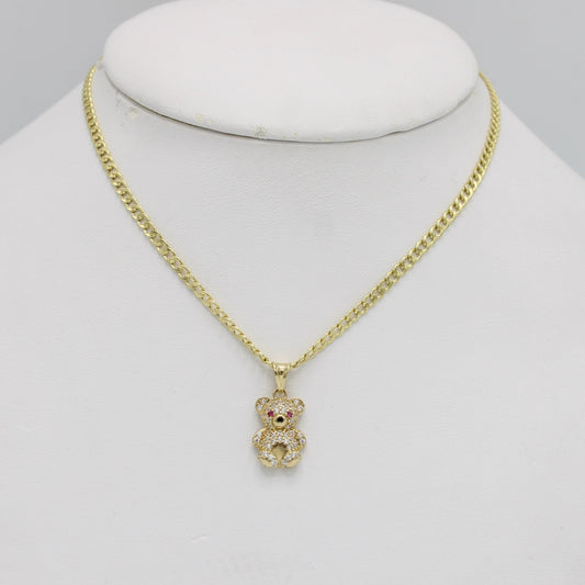 14k Teddy Bear Pendant Cz Stones With Flat Cuban Chain Yellow Gold