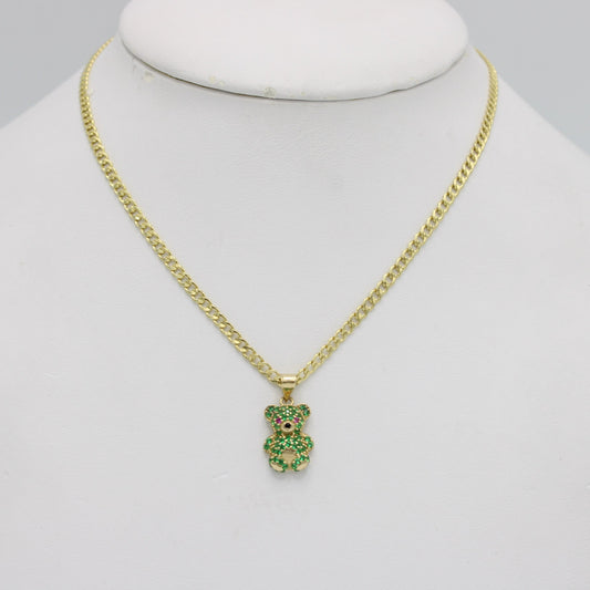 14k Teddy Bear Pendant Cz Stones With Flat Cuban Chain Yellow Gold