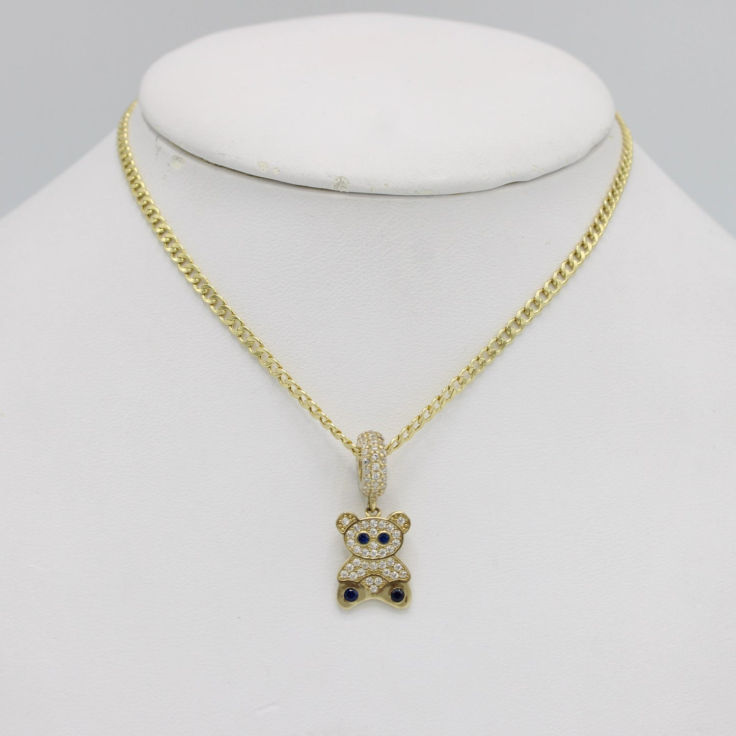 14K Teddy Bear Charm Cz Stones With Flat Cuban Chain Yellow Gold